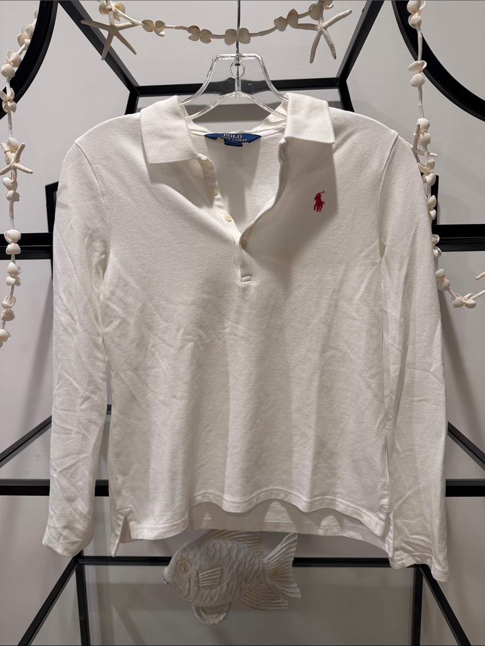 Ralph Lauren White Long Sleeve Polo with Red Logo